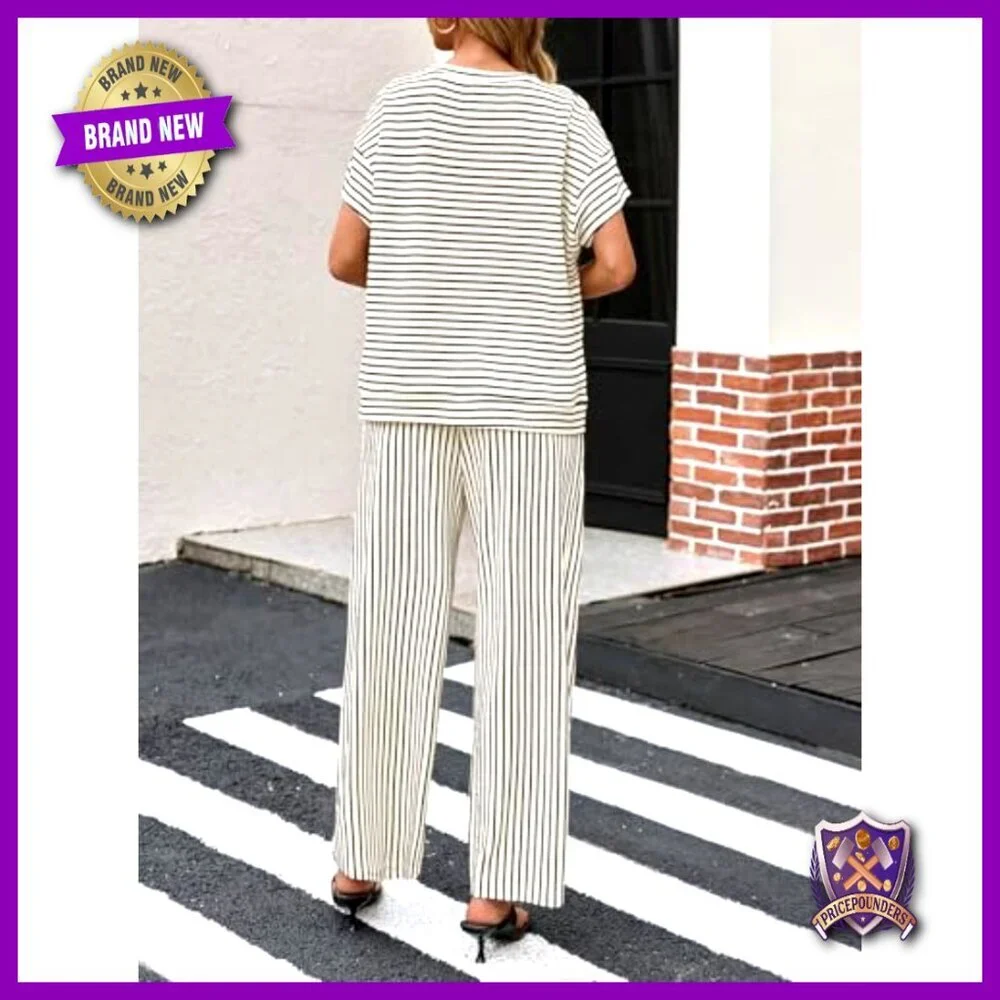 Striped Two Piece Lounge Set Short Sleeve Top Wide Leg Pants Oversized Chic